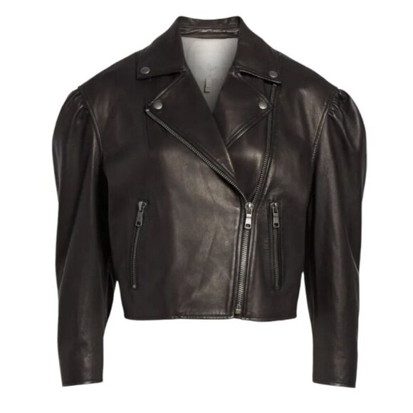 NWT Joie Black Leather Moto Jacket Lambskin Cropped Puff 3/4 Sleeve Biker Jacket - Picture 6 of 16
